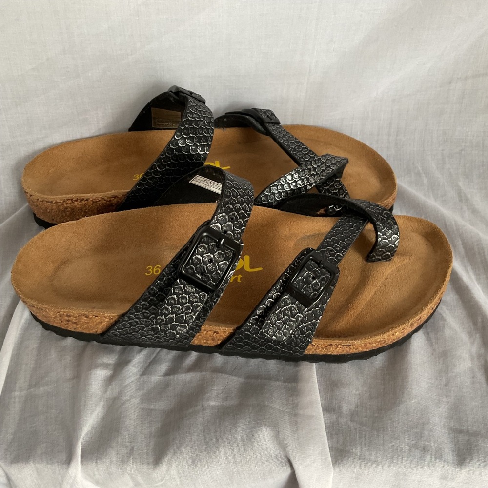 Jool Kate sandals size 36 5.5 black silver casual NWOT cork glittery snake skin